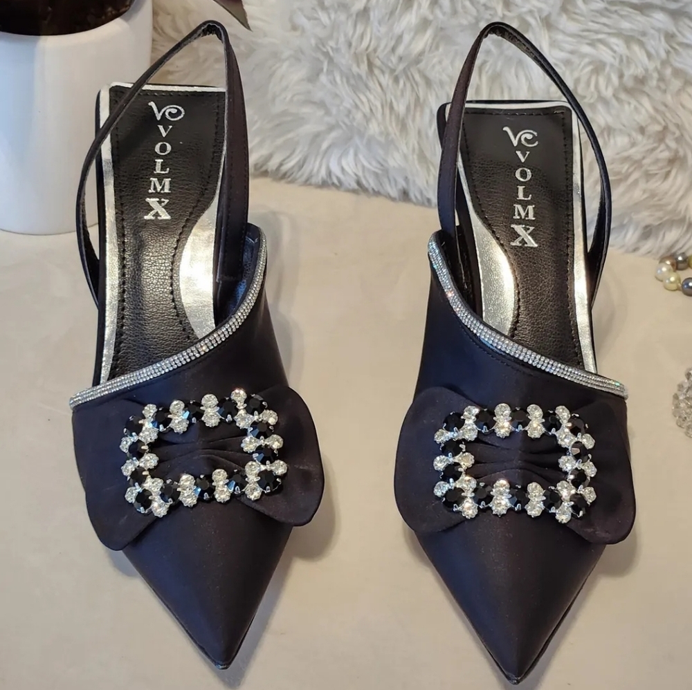 Brand New Black Slingback Sandles with Diamonds Embellishments